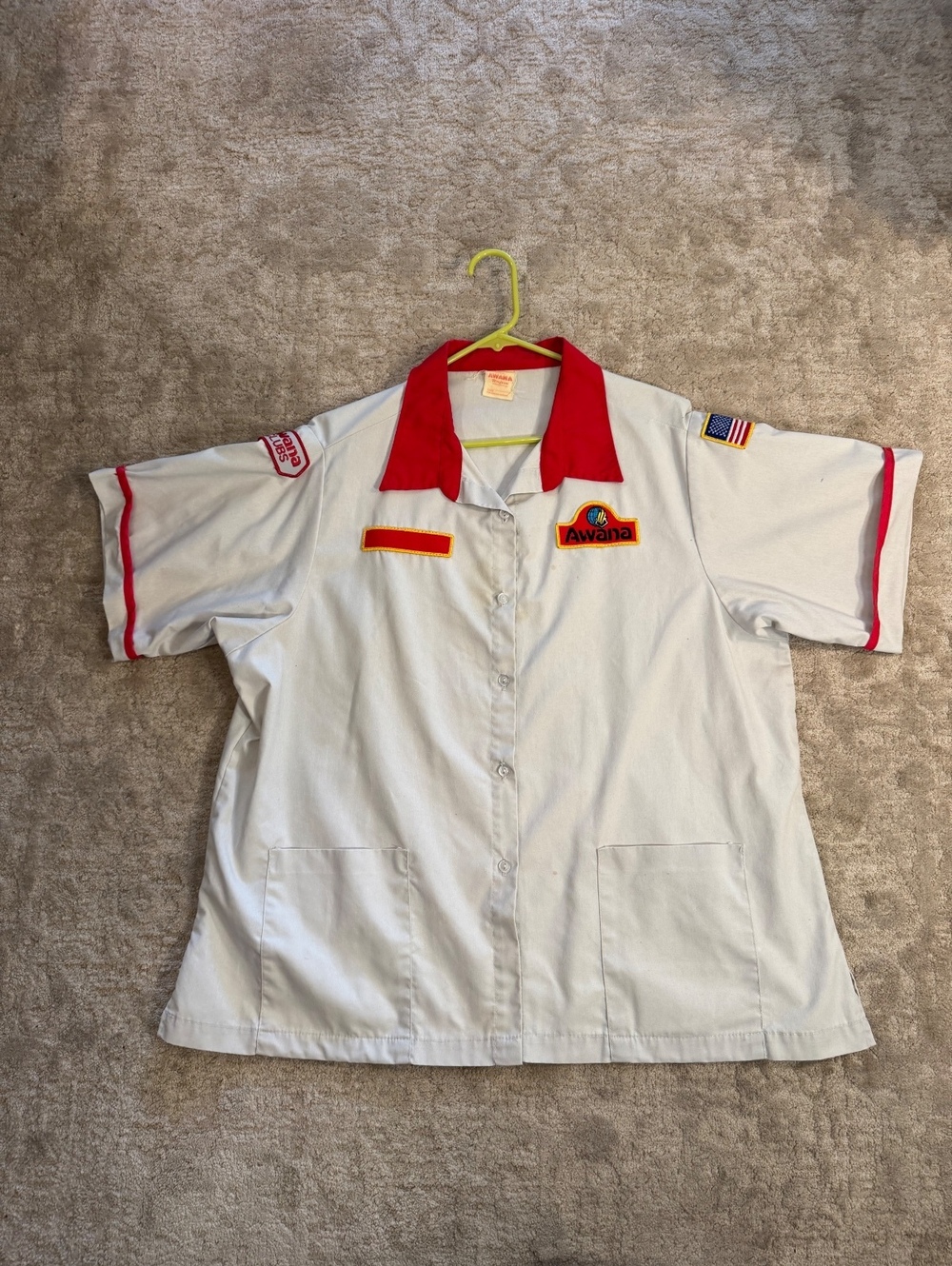 Vintage AWANA Clubs Women’s Uniform Shirt Gray Red Patches USA Christian